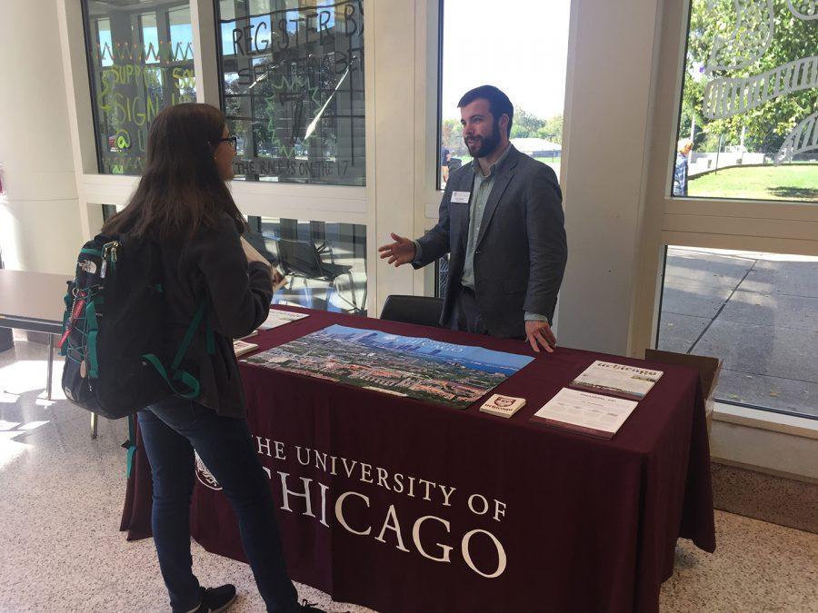 Senior Maria Lysandrou talks to a rep from the University of Chicago
