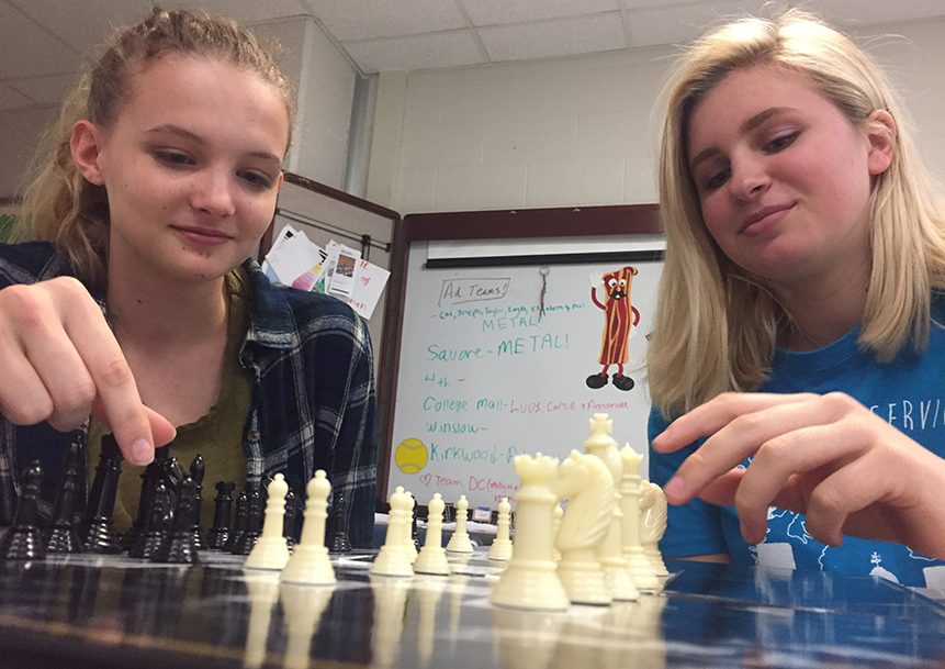 Juniors Tamsin Stringer and Katie Hohman play chess during Panther Plus