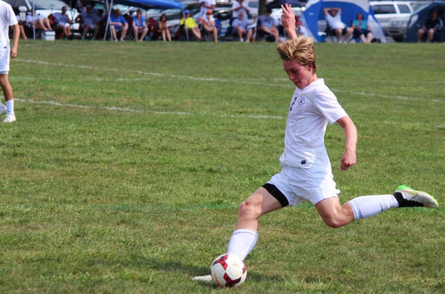  John Bannec gets ready to clear the ball in a game on September 10th, 2015. Bannec, now a South grad, is redshirting his freshman year on the men's soccer team. He  watched from the bench as the IU men's soccer team team lost to Stanford 1-0 in the College cup Finals this past Sunday.
