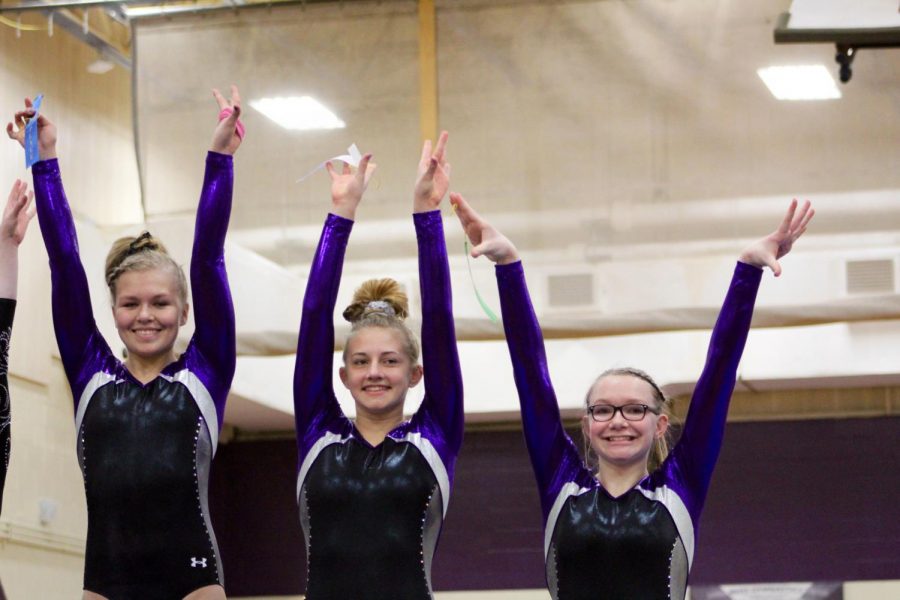 (left to right) Souths Delany Blubaugh, Hailey Landis, and McKenize Hales pose together on the podium for the vault event. (they went 1-3-5 respectively) 