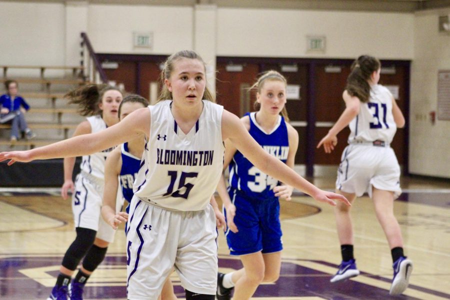 Souths Clara Voskuil waits arms outstretched to defend against an inbound pass. Voskuil contributed six points and some major defense in a tough 49-44 win against Franklin Central.