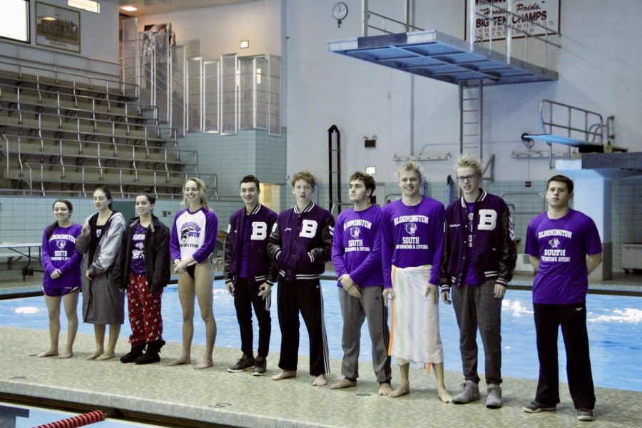 Souths seniors (L-R: Caitlin Betar, Emily Long, Nicole Perry, Julia Wolf, Elijah Earle, Max Grogg, Creighton King, Luke Lobring, Wyeth Michealsen, and Wesley Webb) are honored during the meet. Both the boys and girls defeated North by large margins, and placed first in every event.