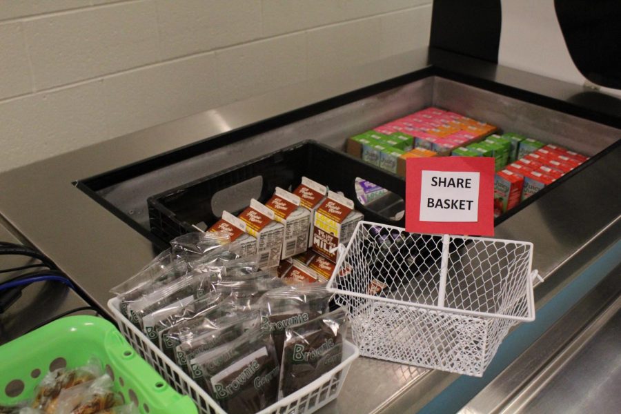 Share baskets are located by registers in all food lines, where food and drink items that are sealed or have a skin can be placed when a student does not think they will want it.