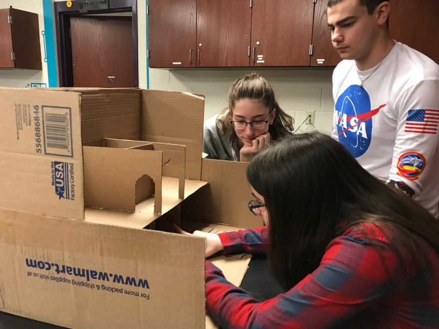 Juniors in Physics Honors class works on wiring electricity for a home. 