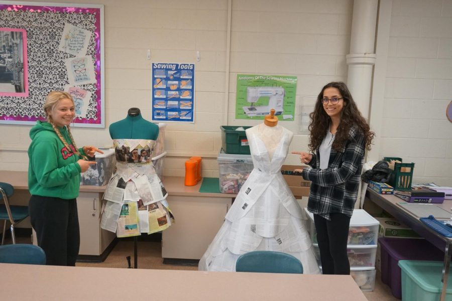 Mia Langley and Stella Eibling designing up cycled dresses