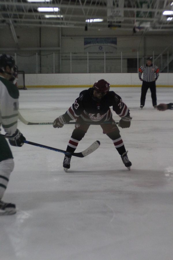 Freshman Nicolas Castracane (23) prepares for the faceoff during IUs game against Ohio on January 14, 2023.