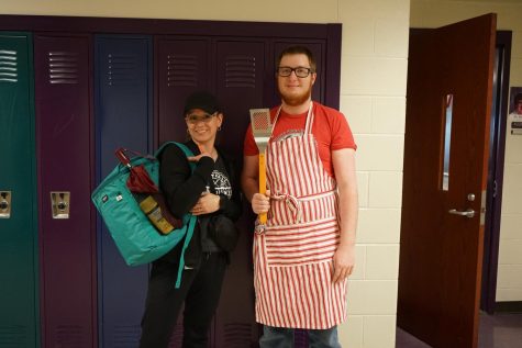 Ms. Highland and Mr. Barnhart pose as a soccer mom and bbq dad