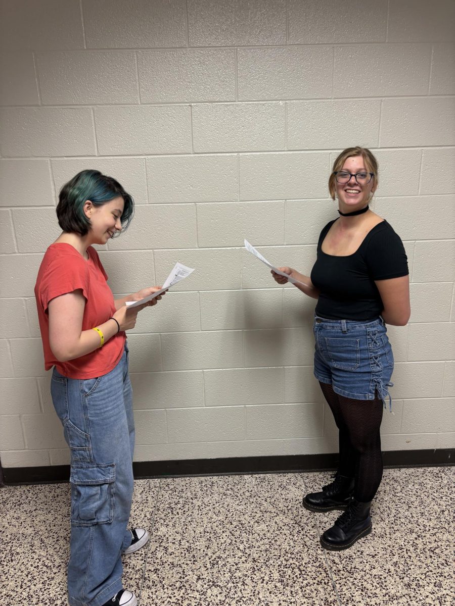 From left, sophomores Sydney Anderson  and Ryan Evans practice their lines prior to Theatre South's Pride and Prejudice auditions. The show will be staged in mid-November.